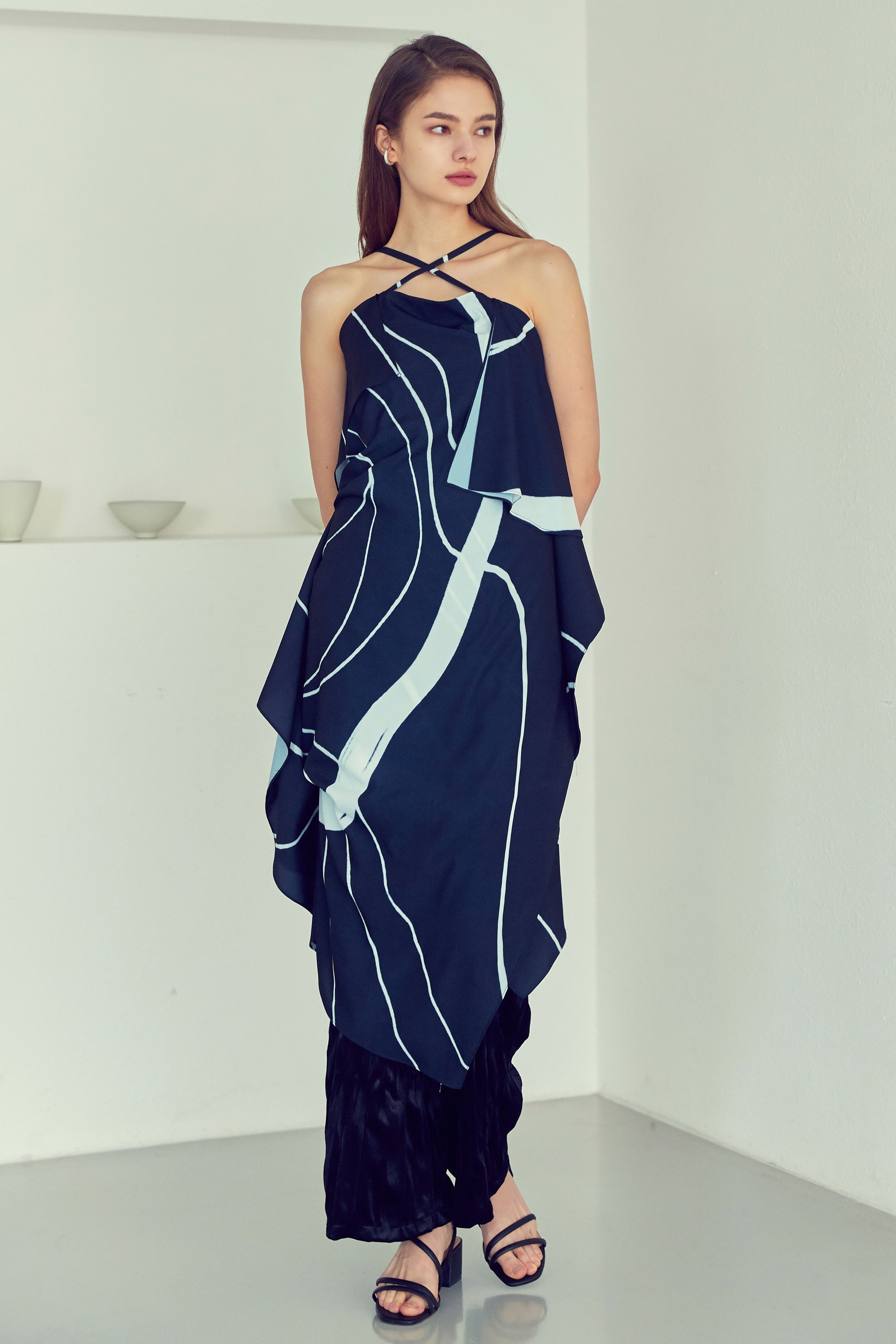 [오혜원 착용 | SOLD OUT] Dream Line Printed Drape Layered Dress_Black